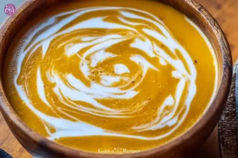 Curried Sweet Potato Bisque: A Golden Bowl of Comfort Passed Through Generations 8 A bowl of creamy curried sweet potato bisque garnished with herbs.