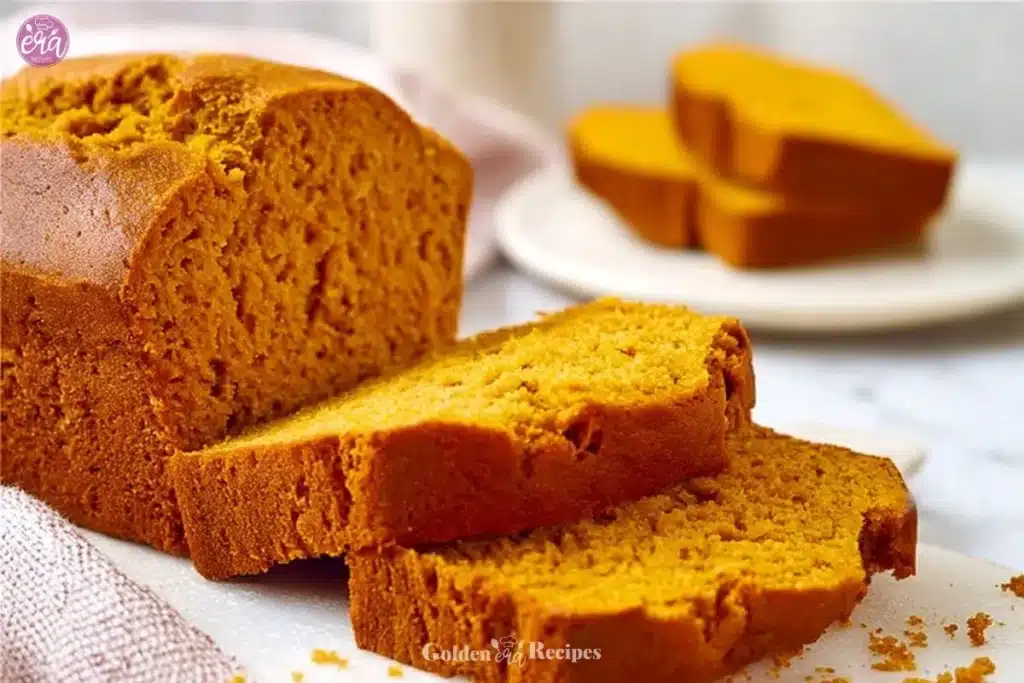 Easy Pumpkin Bread Recipe for Moist and Cozy Fall Baking 1 Freshly baked moist pumpkin bread sliced on a wooden cutting board