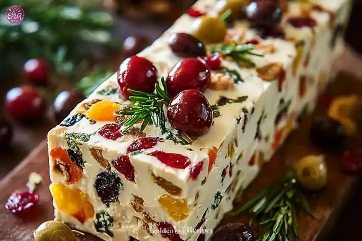 Festive holiday antipasto cream cheese log with assorted toppings