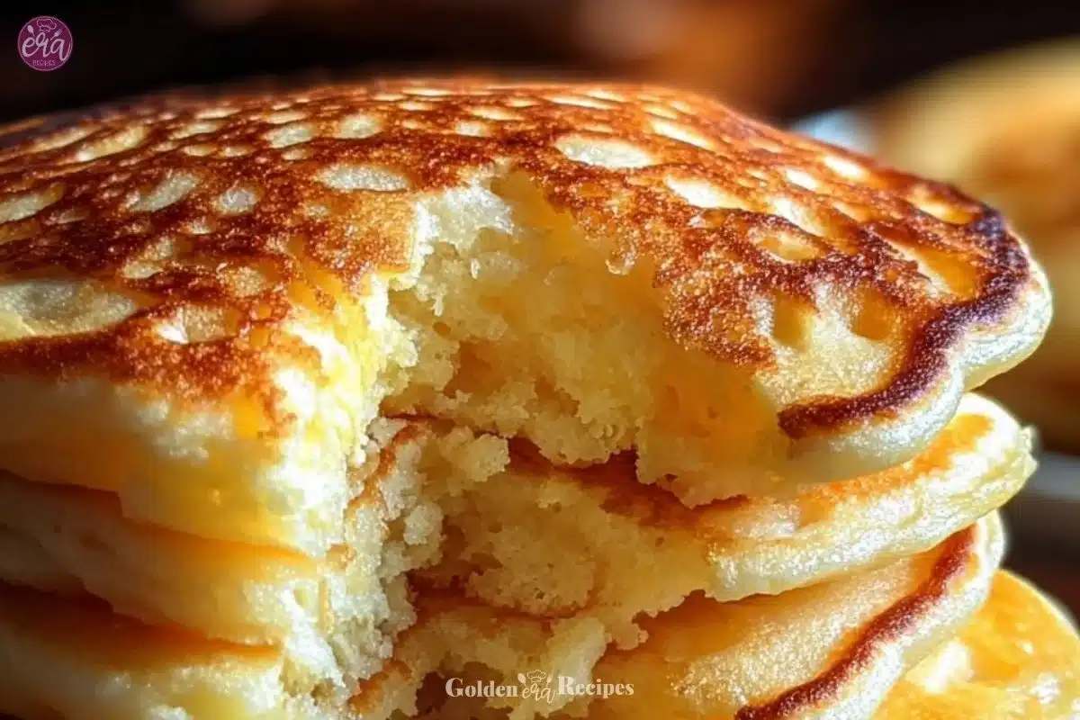 Flourless cottage cheese pancakes stacked on a plate with syrup and berries