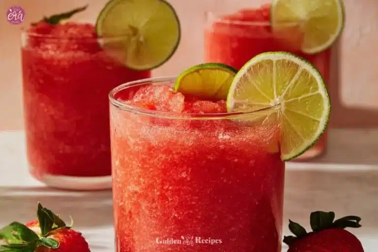 Frozen Virgin Strawberry Margarita 7 Frozen virgin strawberry margarita in a glass with fresh strawberries