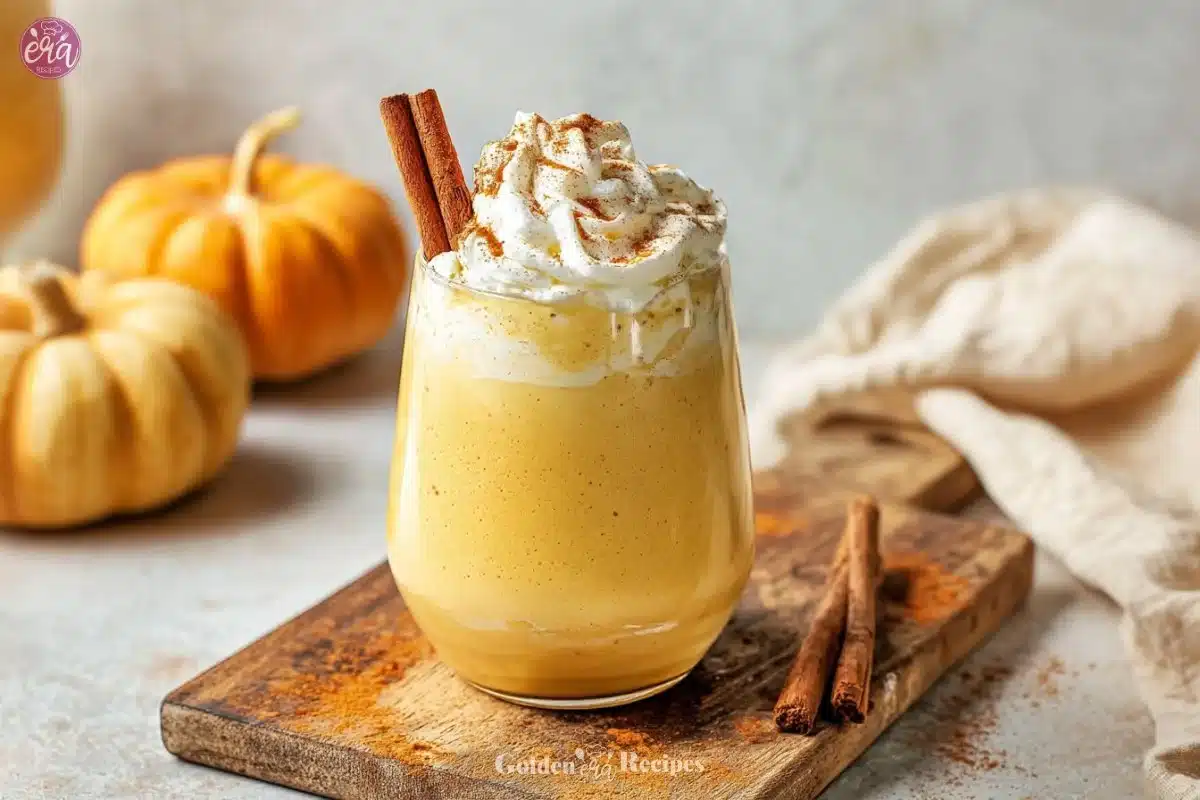 Healthy pumpkin spice protein smoothie in a glass with spices and pumpkin on the side