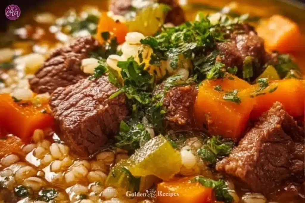 A bowl of hearty beef barley soup with vegetables and herbs