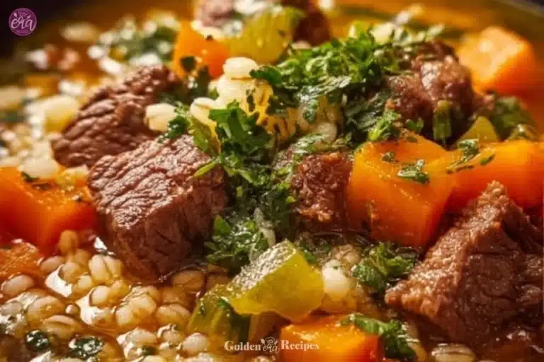 Hearty Beef and Barley Soup: A Classic Comfort for Family Gatherings 7 A bowl of hearty beef barley soup with vegetables and herbs