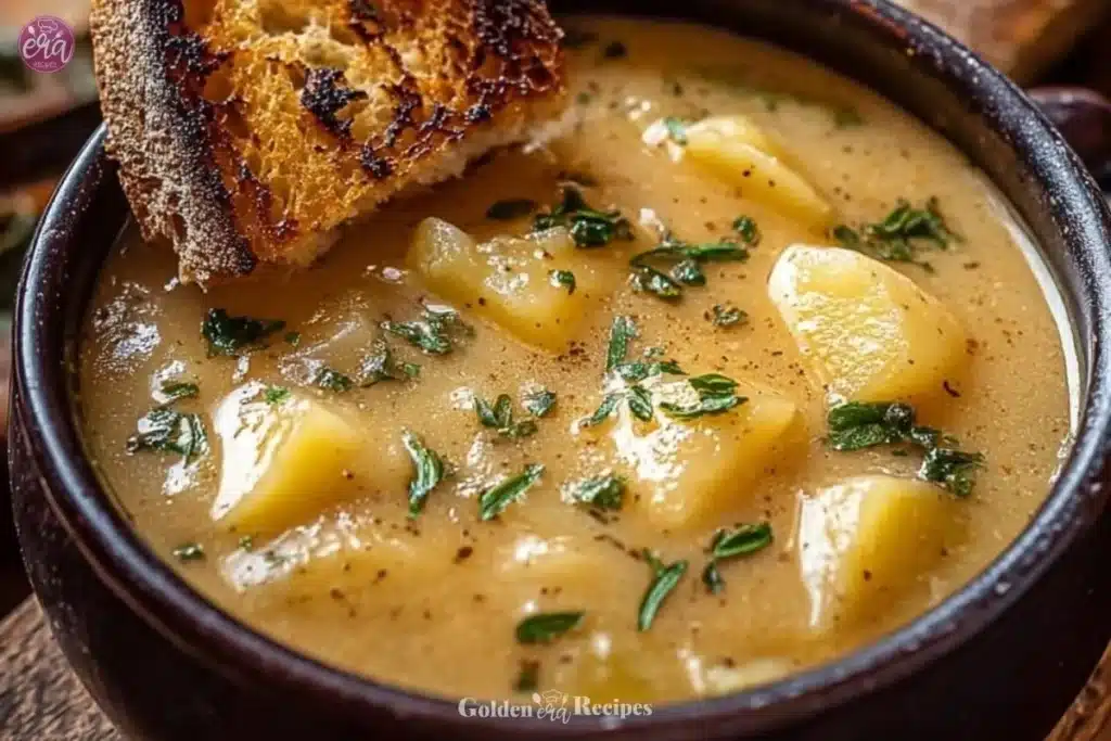 Hearty Cheddar Garlic Herb Potato Soup Recipe: A Bowl of Comfort and Family Tradition 1 Bowl of hearty cheddar garlic herb potato soup garnished with herbs
