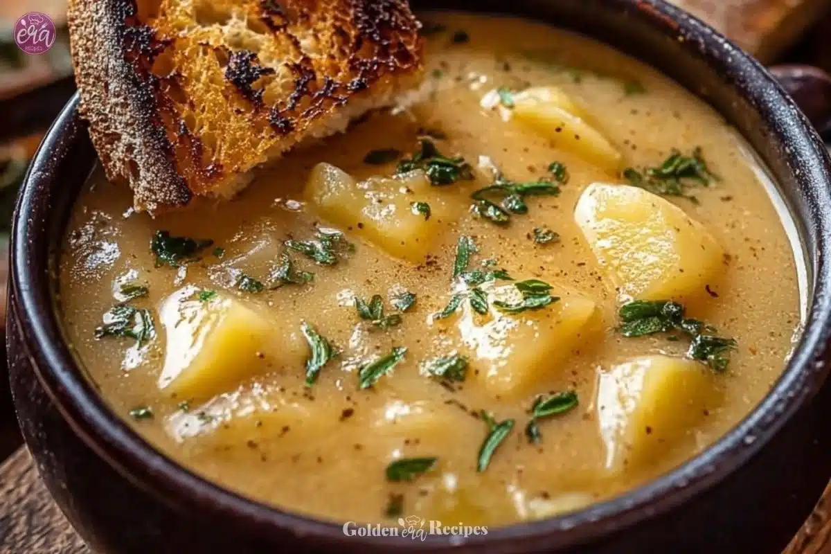 Bowl of hearty cheddar garlic herb potato soup garnished with herbs