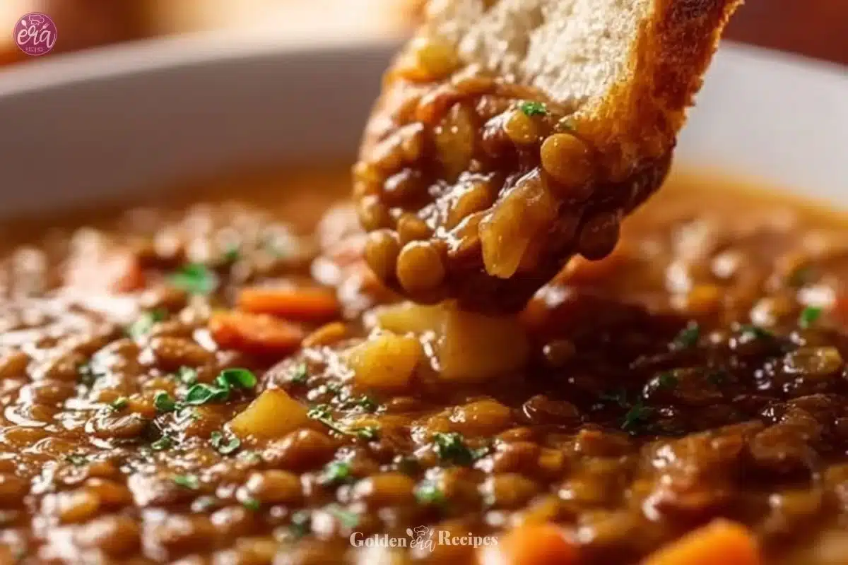 A bowl of hearty lentil soup garnished with herbs, perfect for a nutritious meal.