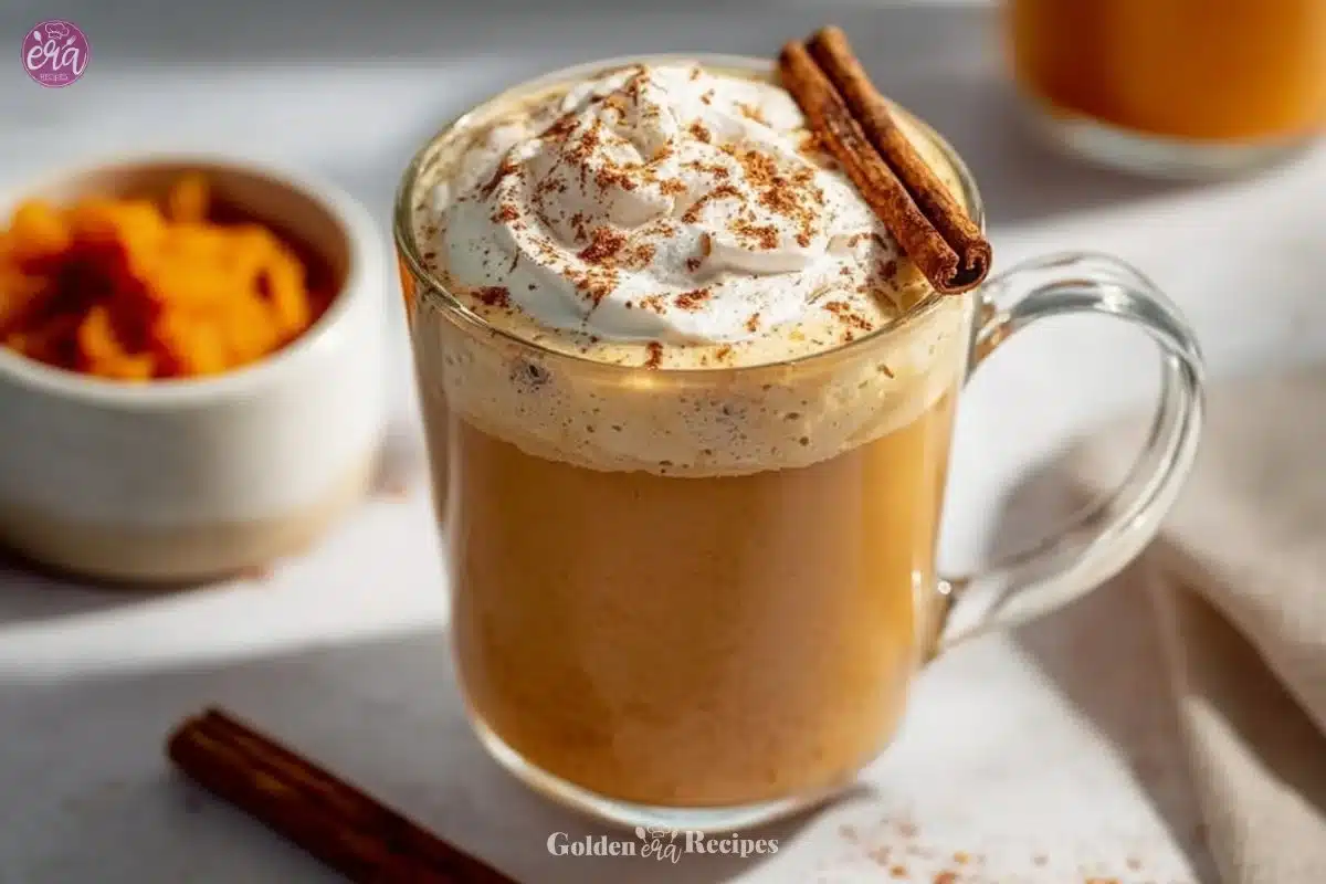 A homemade pumpkin spice latte topped with whipped cream and cinnamon.