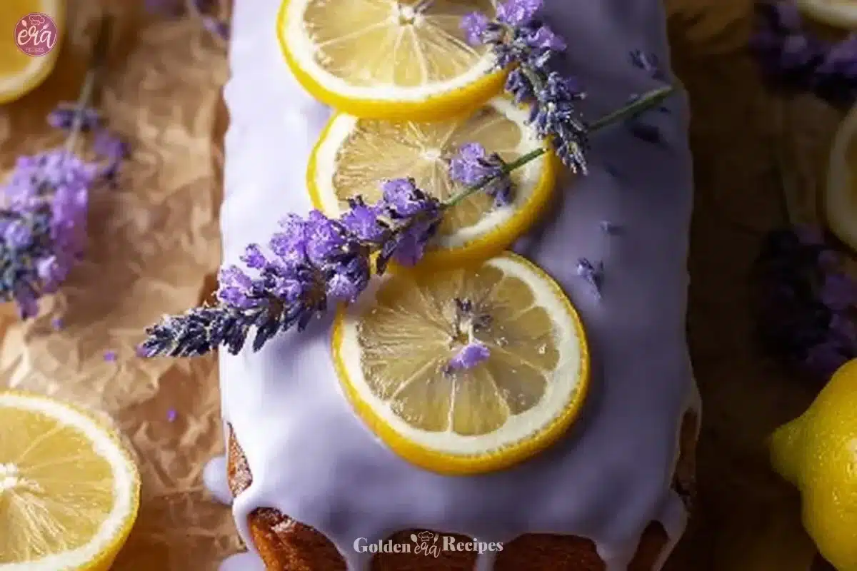 Delicious slice of Lemon Lavender Cake topped with lavender flowers and lemon zest.