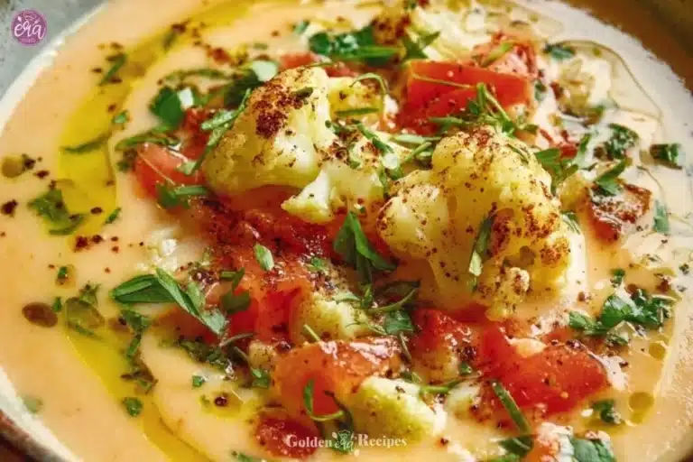 Bowl of Mediterranean-Style Cauliflower Soup garnished with herbs