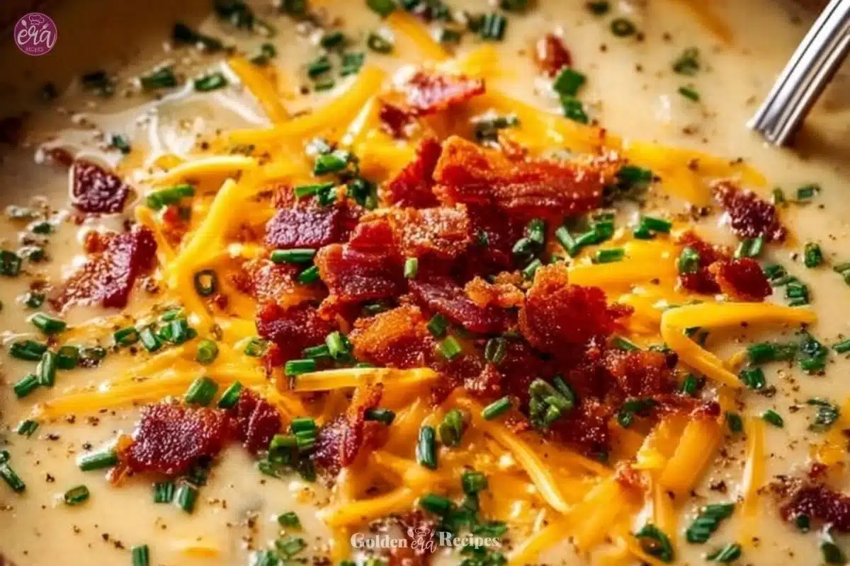 Creamy Outback Potato Soup served in a bowl with toppings