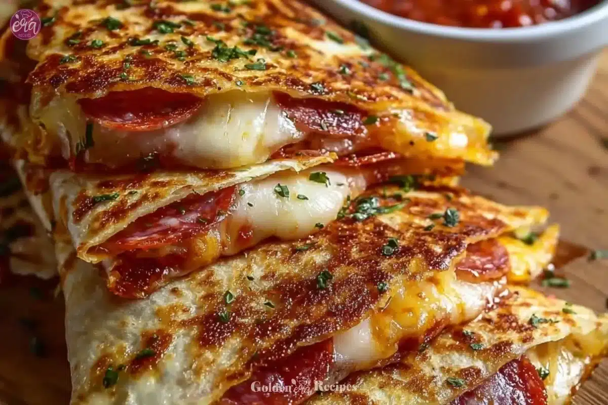 Delicious pepperoni pizza quesadillas served with marinara sauce