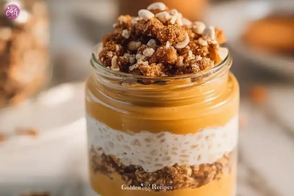 Bowl of Pumpkin Cheesecake Overnight Oats topped with spices and pumpkin seeds