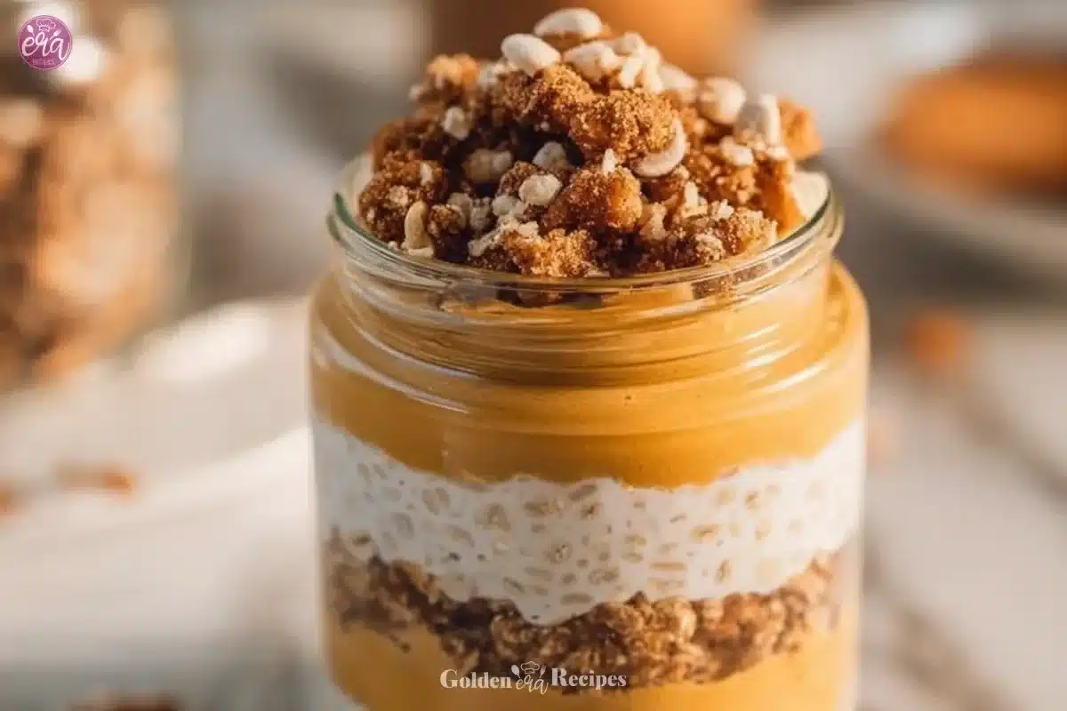 Bowl of Pumpkin Cheesecake Overnight Oats topped with spices and pumpkin seeds