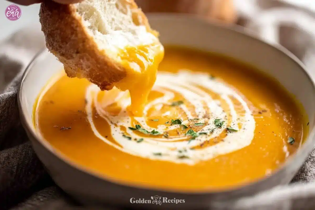 Bowl of classic and easy pumpkin soup garnished with herbs