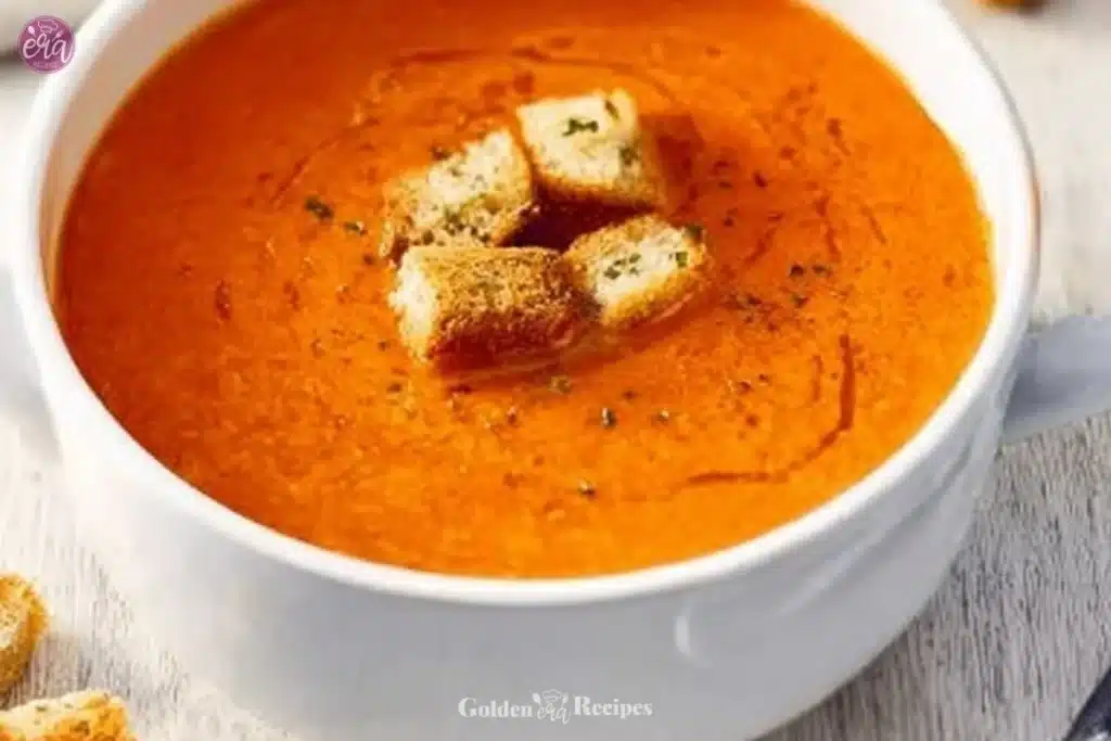 Bowl of roasted tomato basil soup garnished with fresh basil leaves