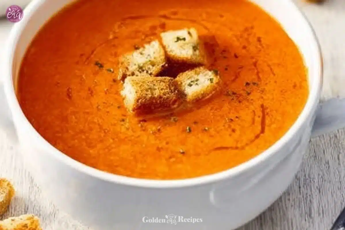 Bowl of roasted tomato basil soup garnished with fresh basil leaves