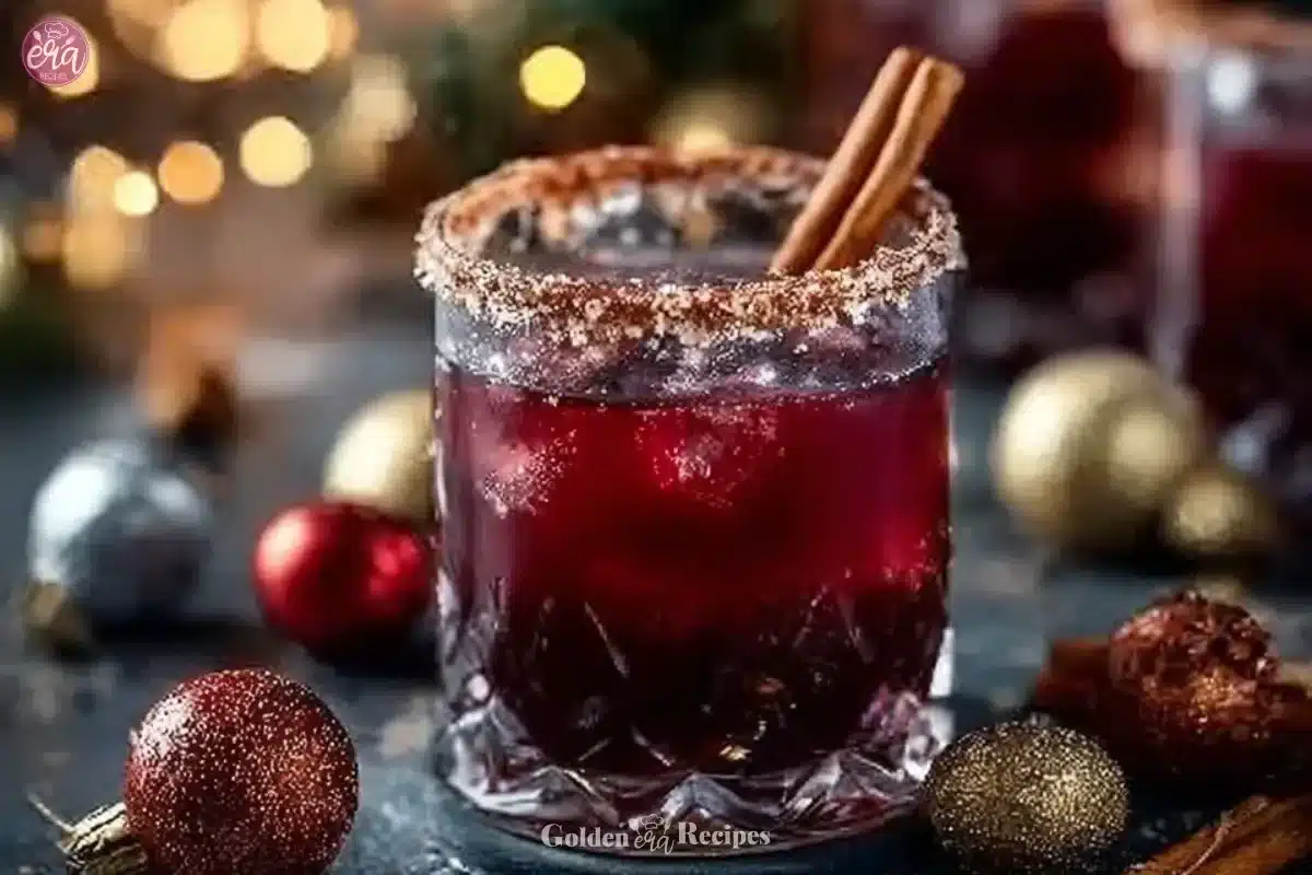 Spiced Christmas Margarita served in a festive glass with holiday decorations