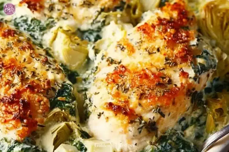 Spinach Artichoke Chicken 5 Creamy spinach artichoke chicken served on a white plate with a side of vegetables.