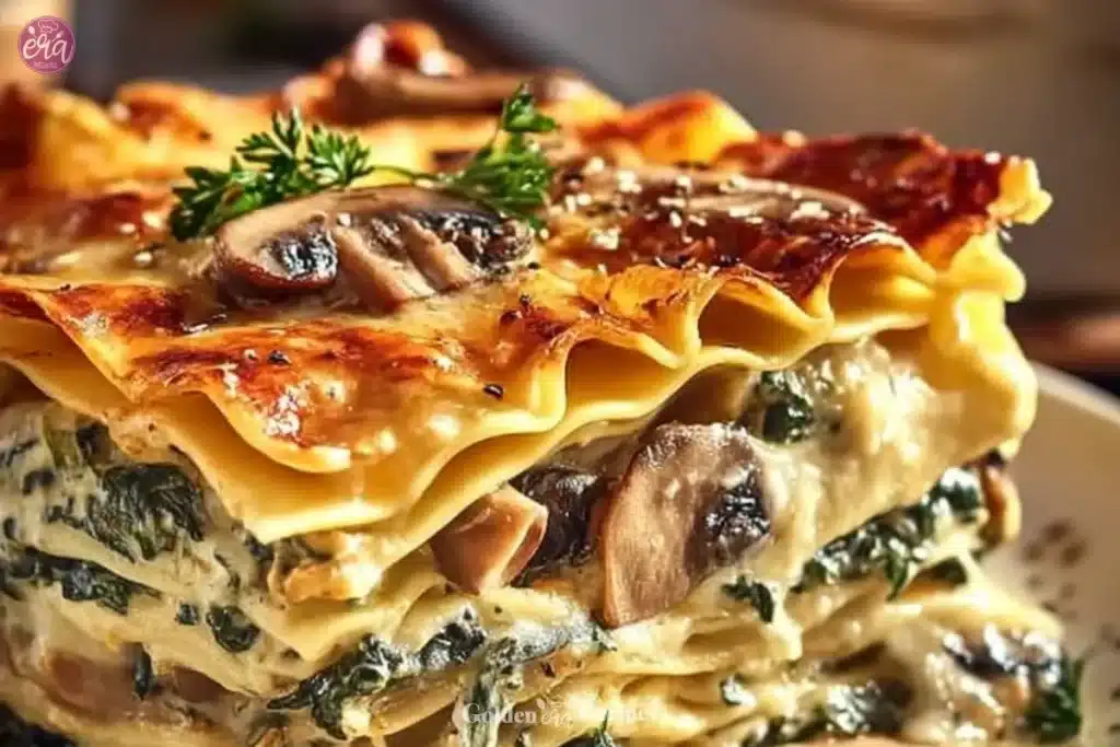 Slice of homemade Spinach Mushroom Lasagna with melted cheese on top