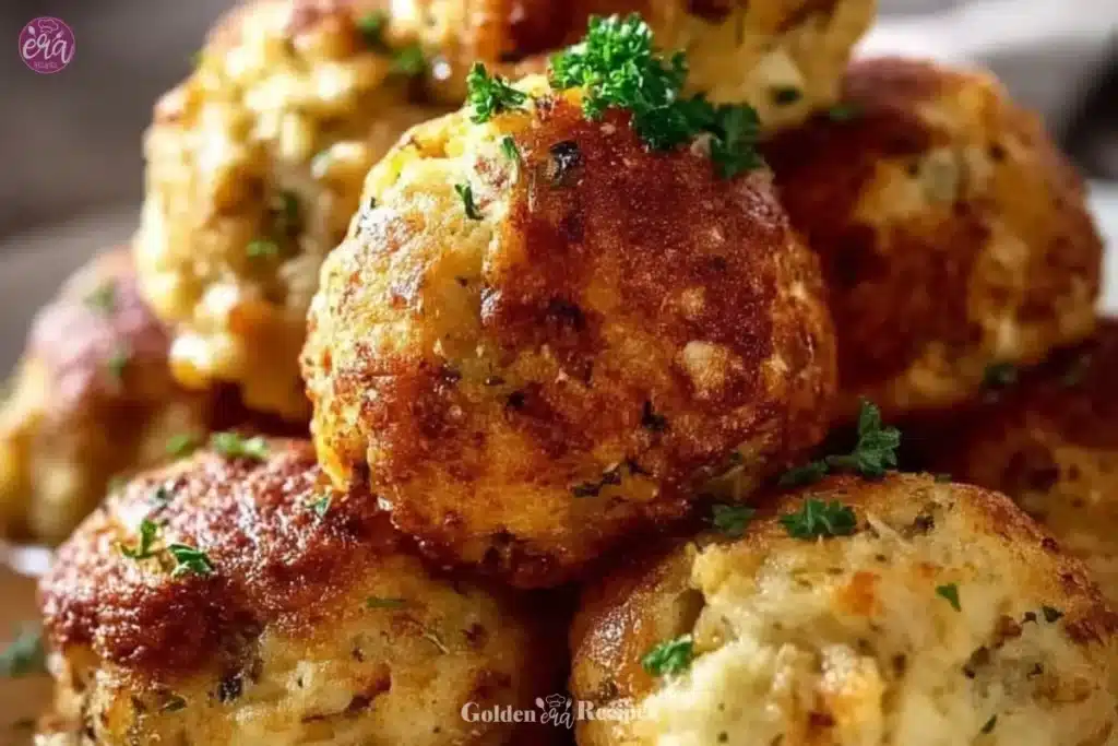 Delicious Thanksgiving stuffing balls served on a festive plate.