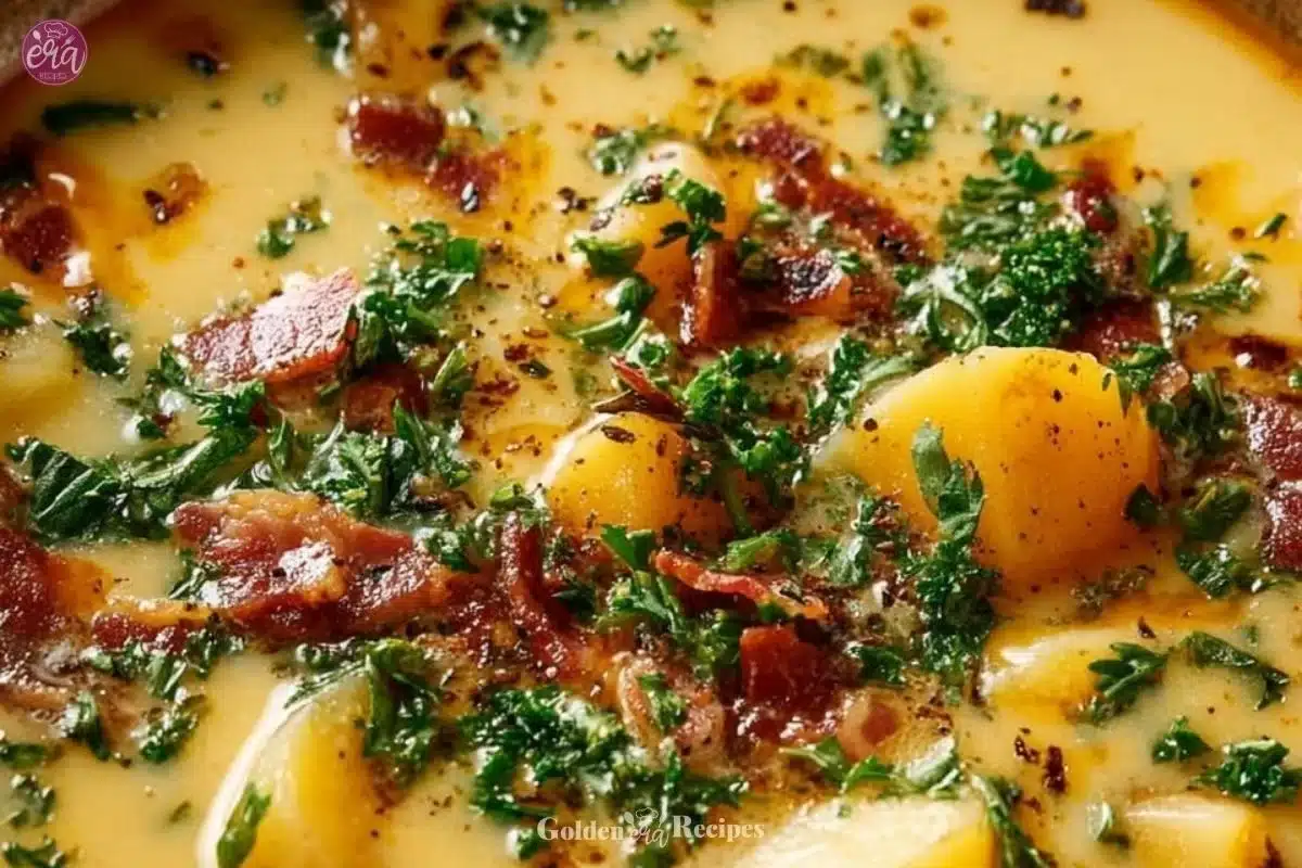 Bowl of creamy potato soup garnished with fresh herbs and crackers.