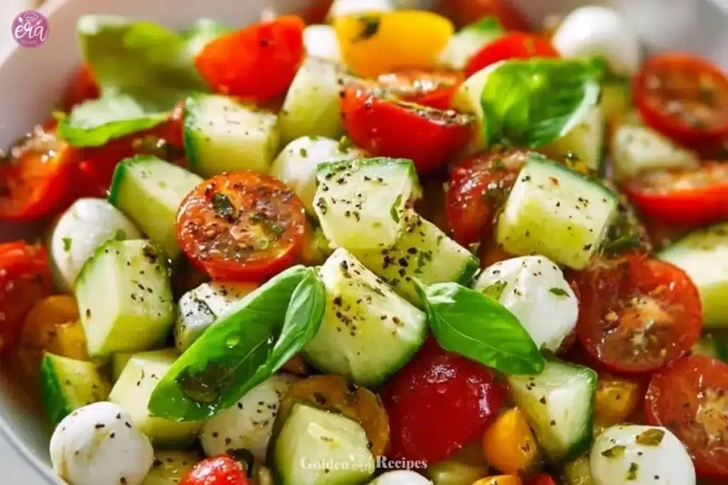 Fresh Tomato Cucumber Mozzarella Salad with basil and olive oil