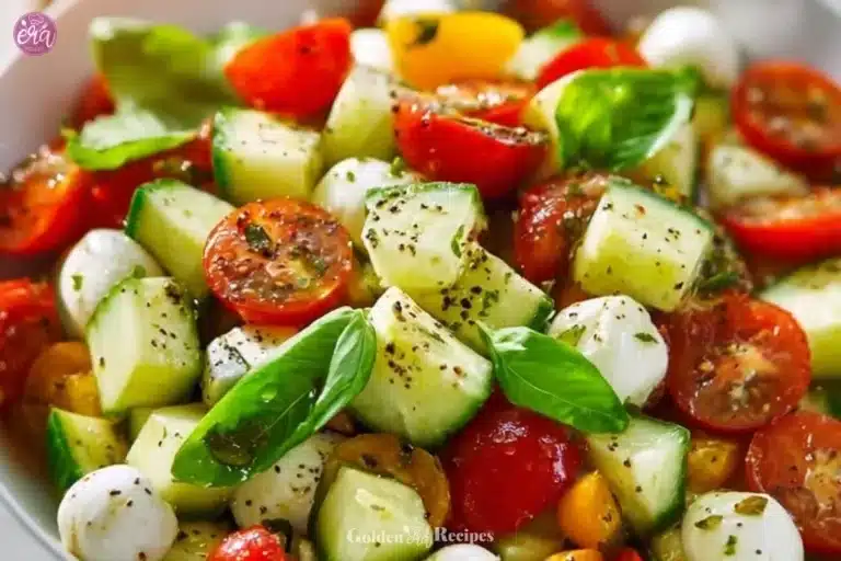 Fresh Tomato Cucumber Mozzarella Salad with basil and olive oil