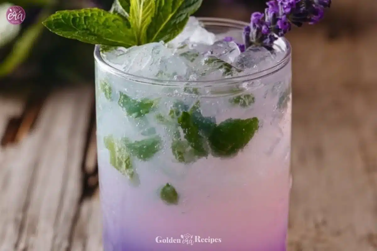 Virgin Lavender Mojito refreshing non-alcoholic cocktail with lavender sprigs and mint leaves