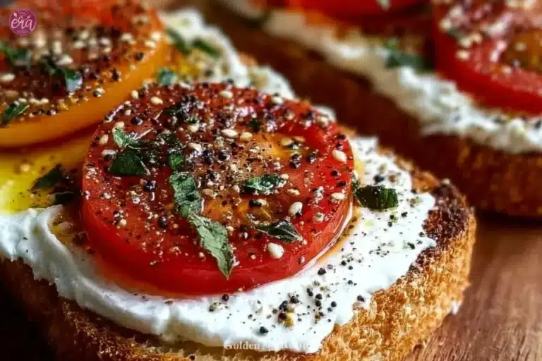 Delicious ricotta and tomato sourdough toast topped with fresh basil