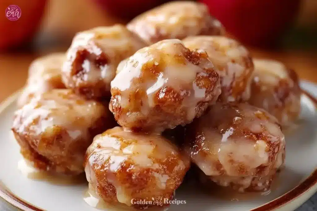 Apple Fritter Bites 1 Delicious Apple Fritter Bites on a plate, perfect for dessert lovers.