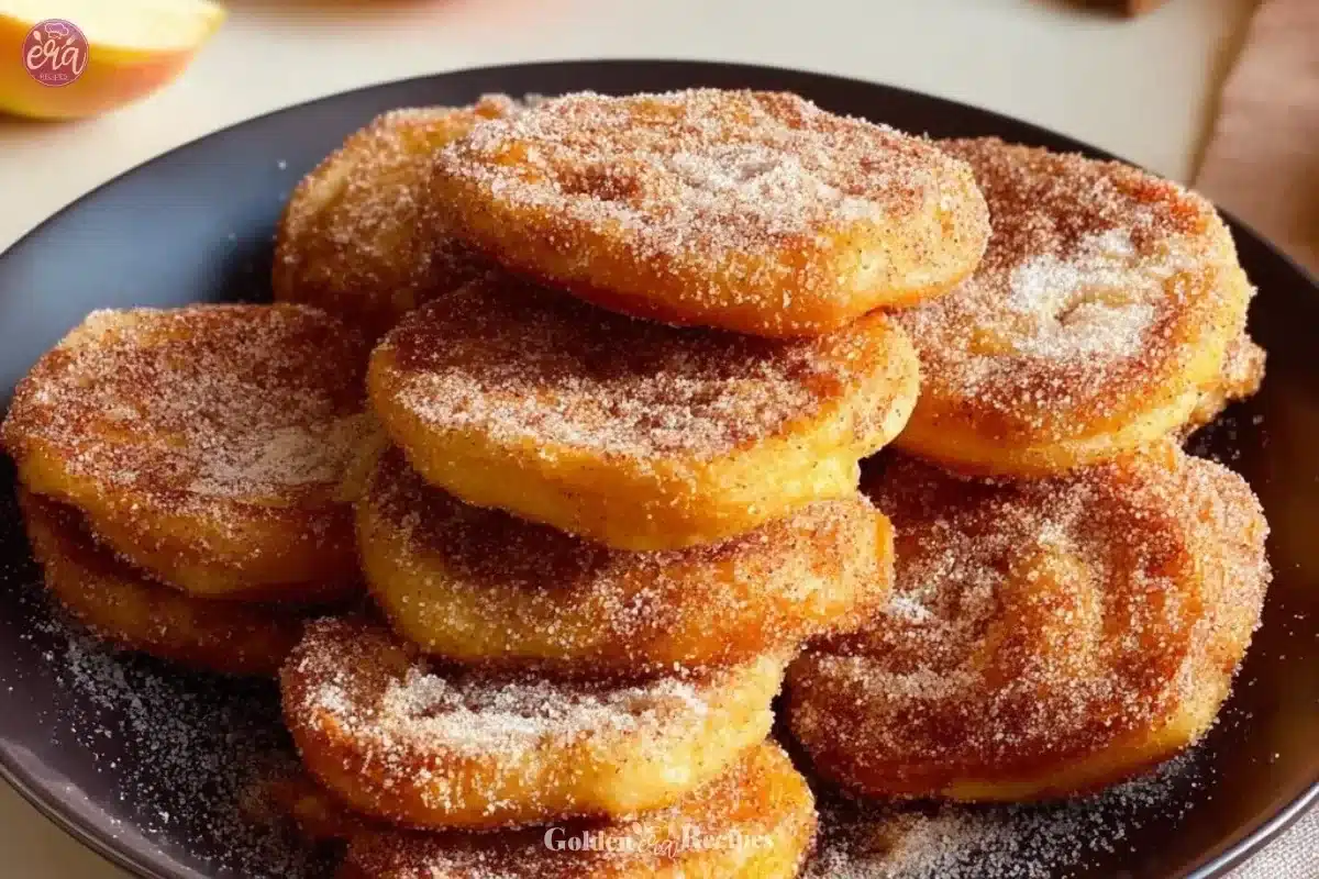 Freshly made apple fritters dusted with powdered sugar