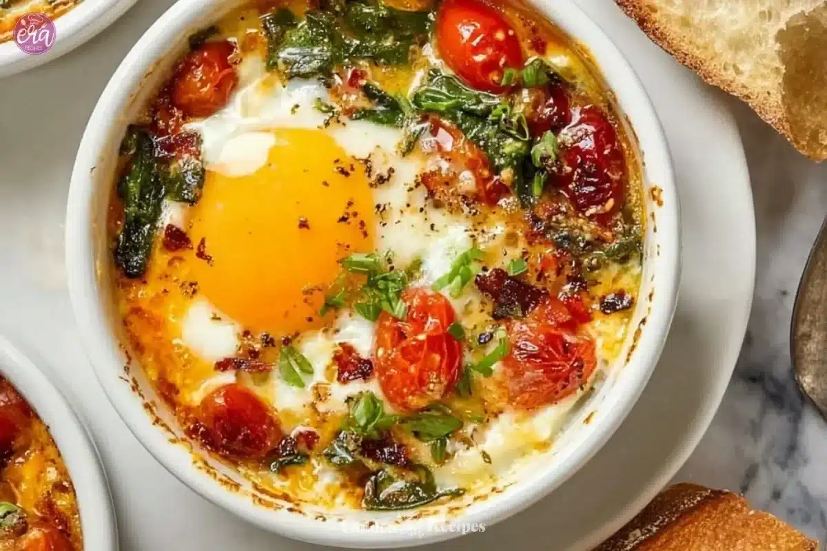 Delicious baked feta eggs topped with herbs and spices in a dish