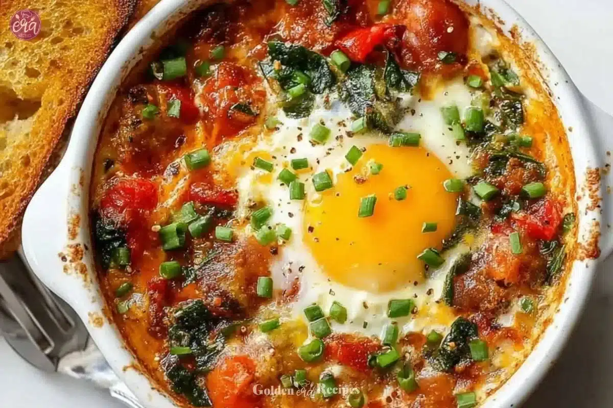 Baked feta eggs served in a colorful skillet with fresh herbs