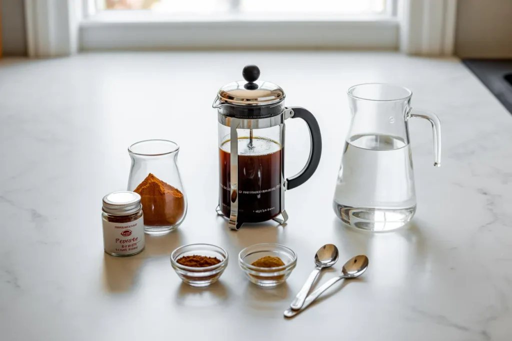 How to Make Black Coffee for Weight Loss, French press coffee maker with fresh ground coffee, filtered water, and metabolism-boosting spices on countertop