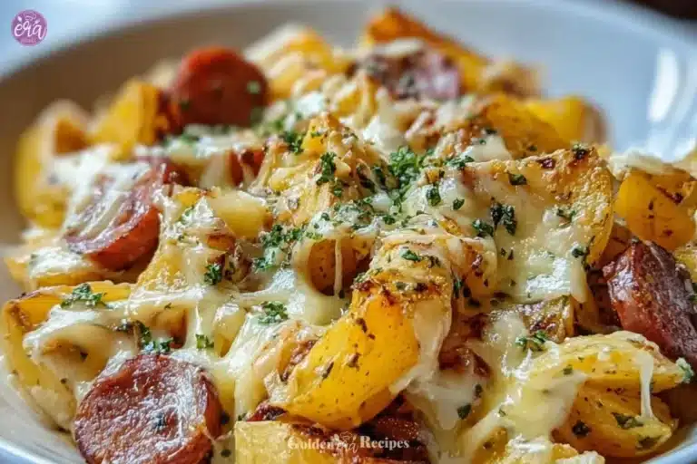 Cheesy Ranch Potatoes with smoked sausage on a plate