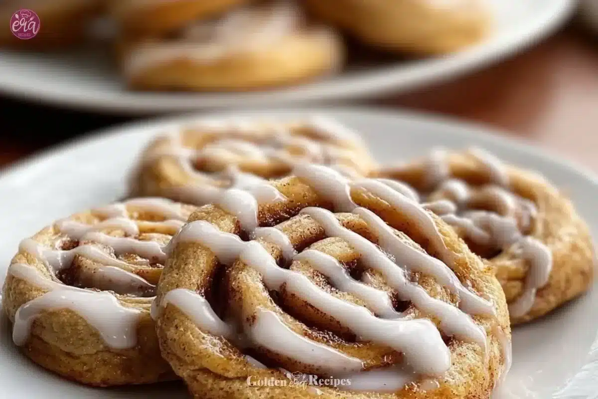 Freshly baked cinnamon roll cookies topped with icing
