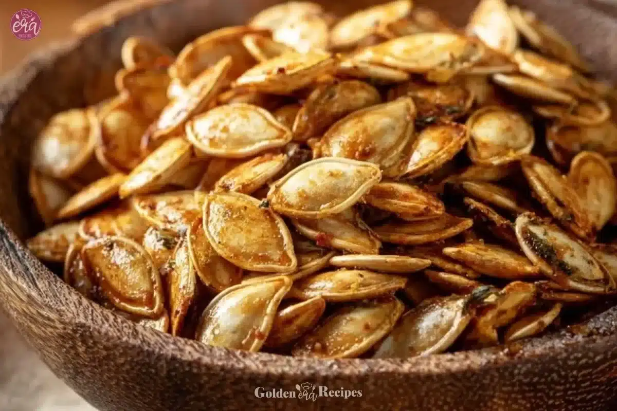 Bowl of classic salted roasted pumpkin seeds ready to enjoy as a snack.