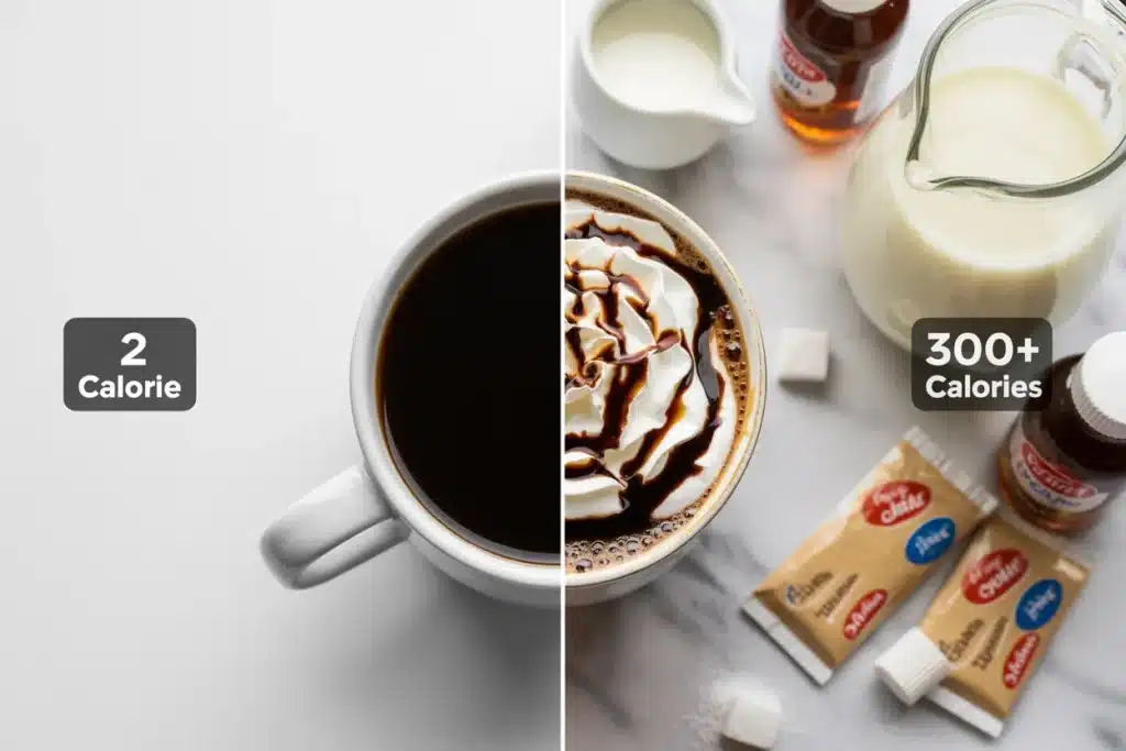 Split comparison showing plain black coffee versus coffee loaded with sugar, cream, syrup, and whipped cream