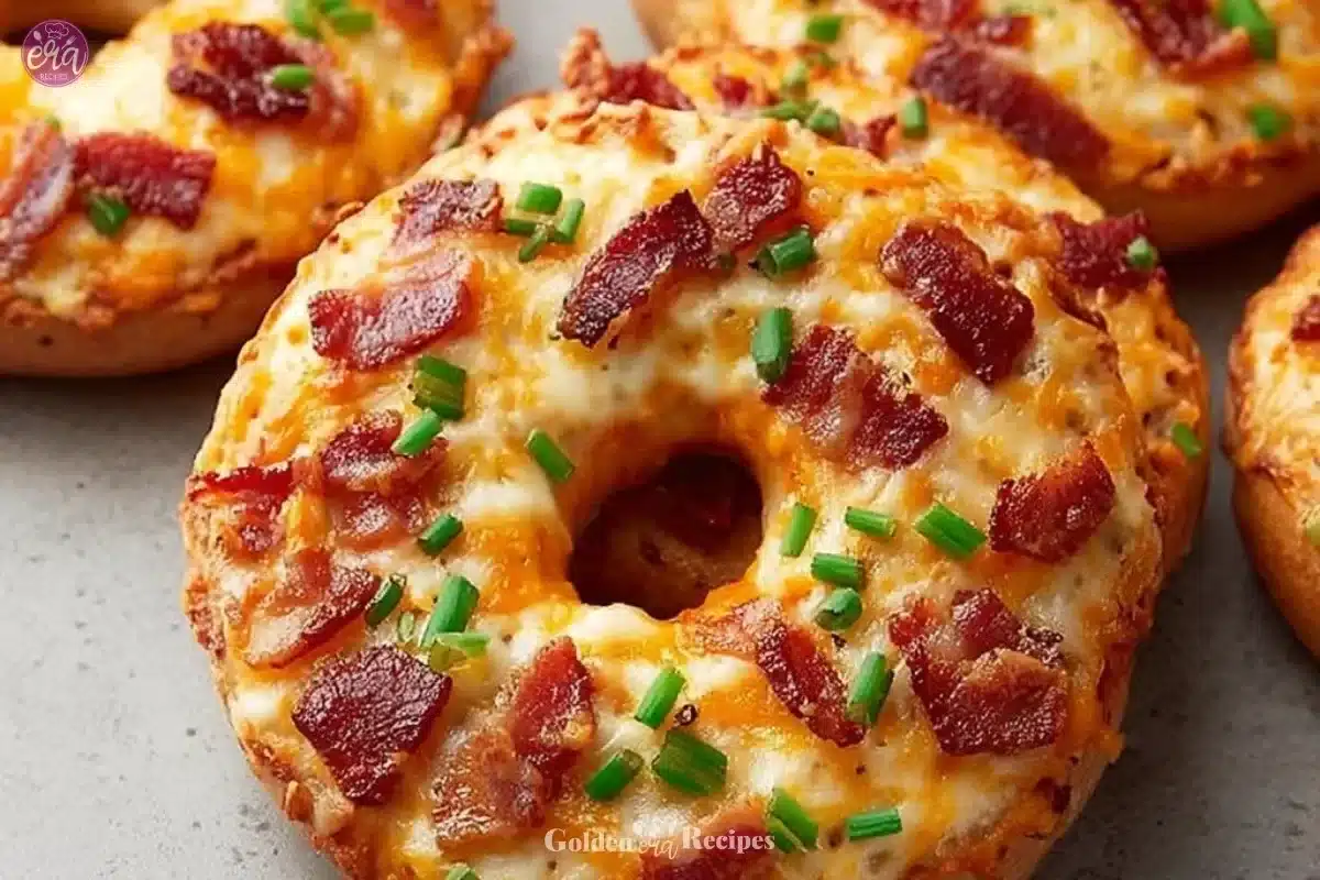 Creamy bacon cheddar bagels topped with melted cheese and crispy bacon