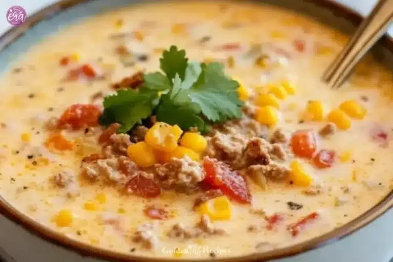 Creamy Cowboy Soup 7 Bowl of creamy cowboy soup garnished with fresh herbs and vegetables