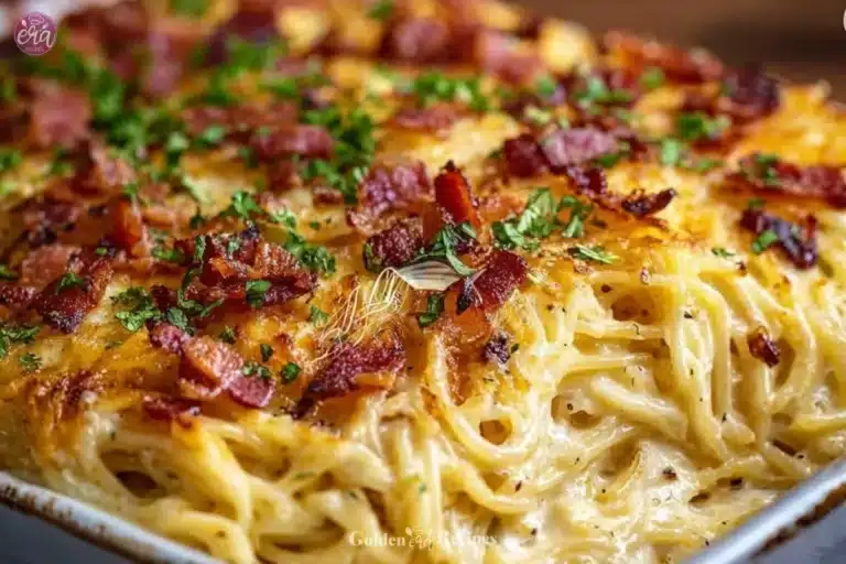 Creamy Southern Spaghetti Bake 6 Delicious creamy Southern Spaghetti Bake topped with cheese and herbs