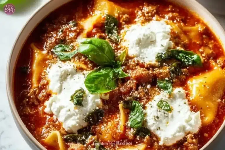 Crockpot Lasagna Soup 7 Crockpot Lasagna Soup garnished with fresh basil in a bowl