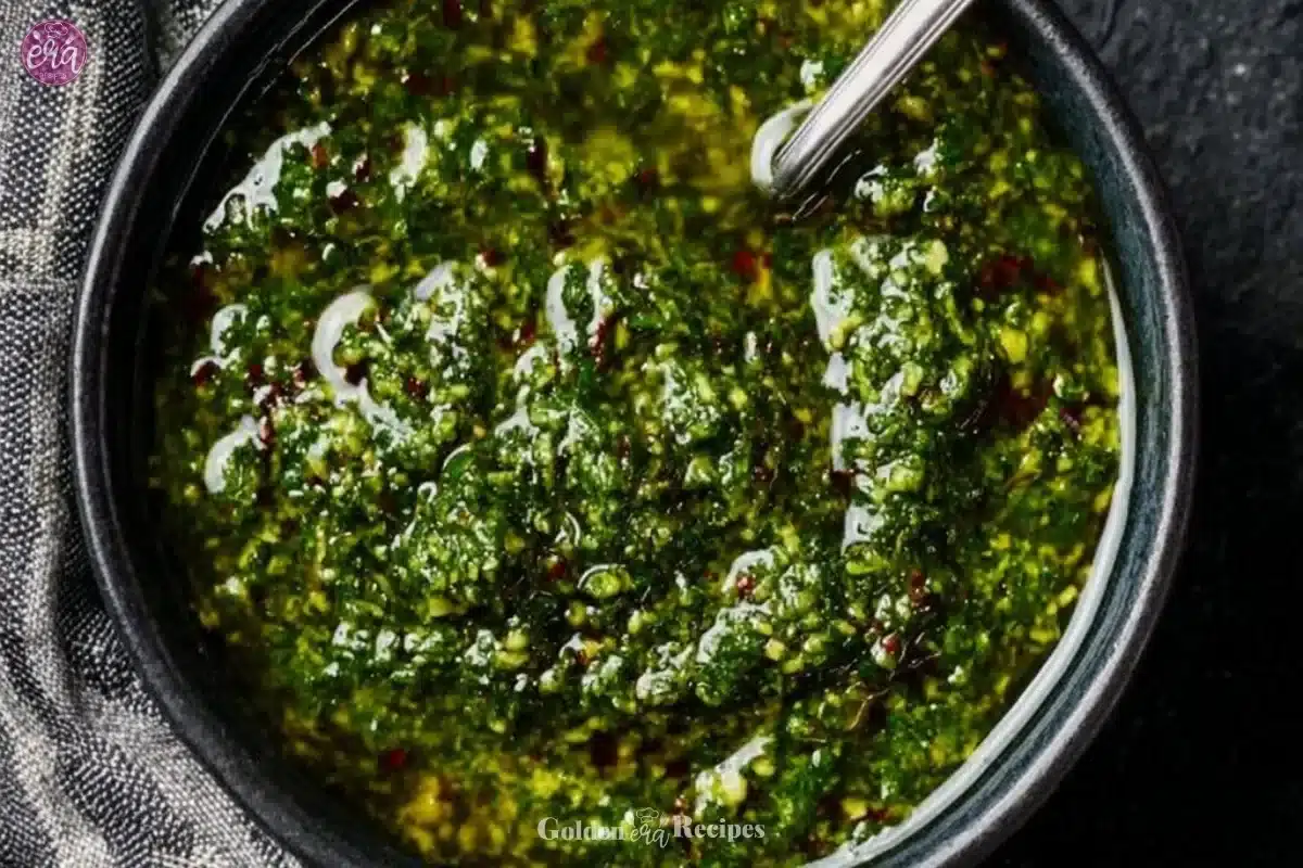 Delicious homemade chimichurri sauce in a small bowl with fresh herbs