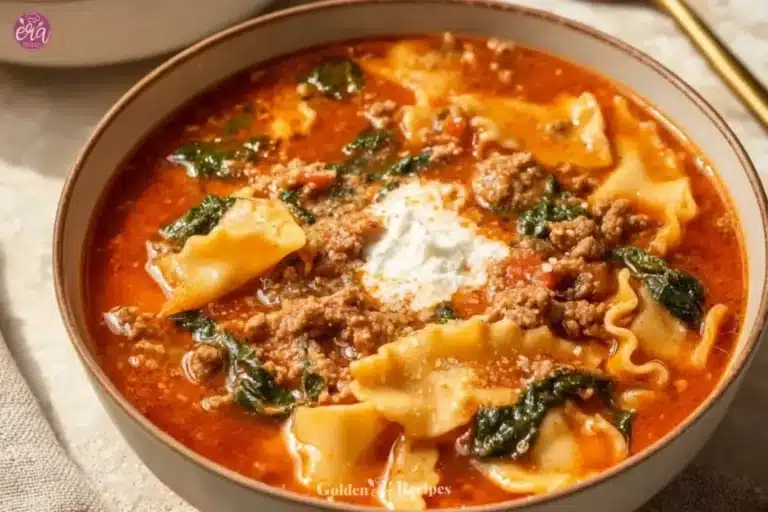 Gluten Free Lasagna Soup (Dairy Free) 6 A bowl of gluten-free lasagna soup, topped with fresh herbs and dairy-free cheese.