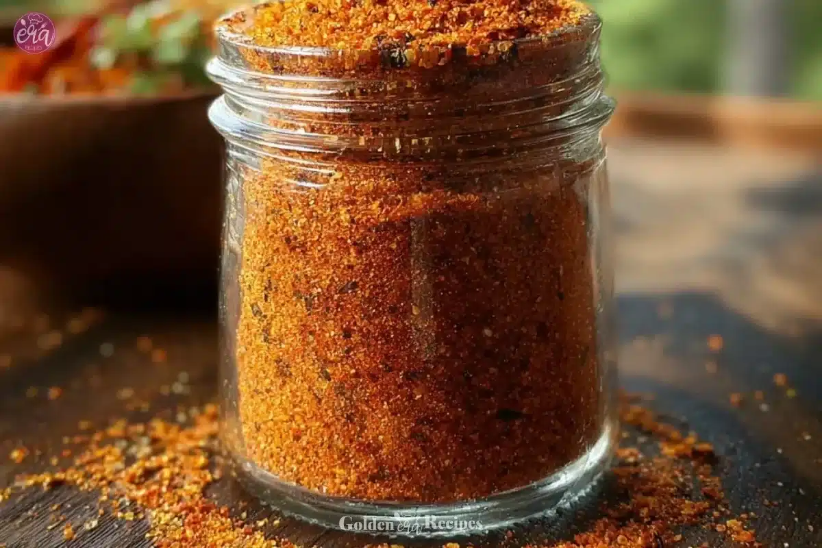 Homemade Slap Ya Mama Seasoning in a jar with spices and fresh ingredients