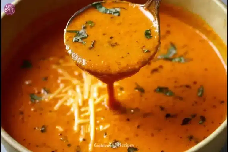 Homemade Tomato Basil Soup 5 Bowl of homemade tomato basil soup garnished with fresh basil leaves.