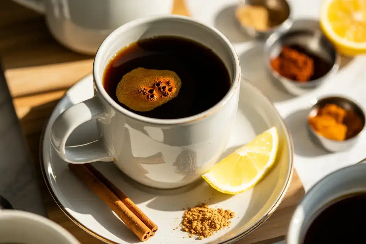 Cup of black coffee with cinnamon, ginger, and lemon slice on saucer, step-by-step recipe ingredients visible