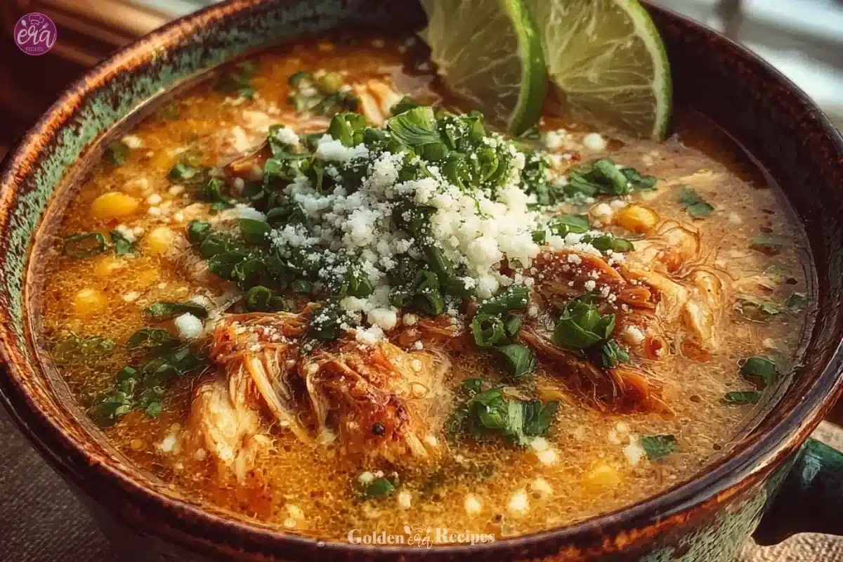 Bowl of Mexican Street Corn White Chicken Chili with toppings