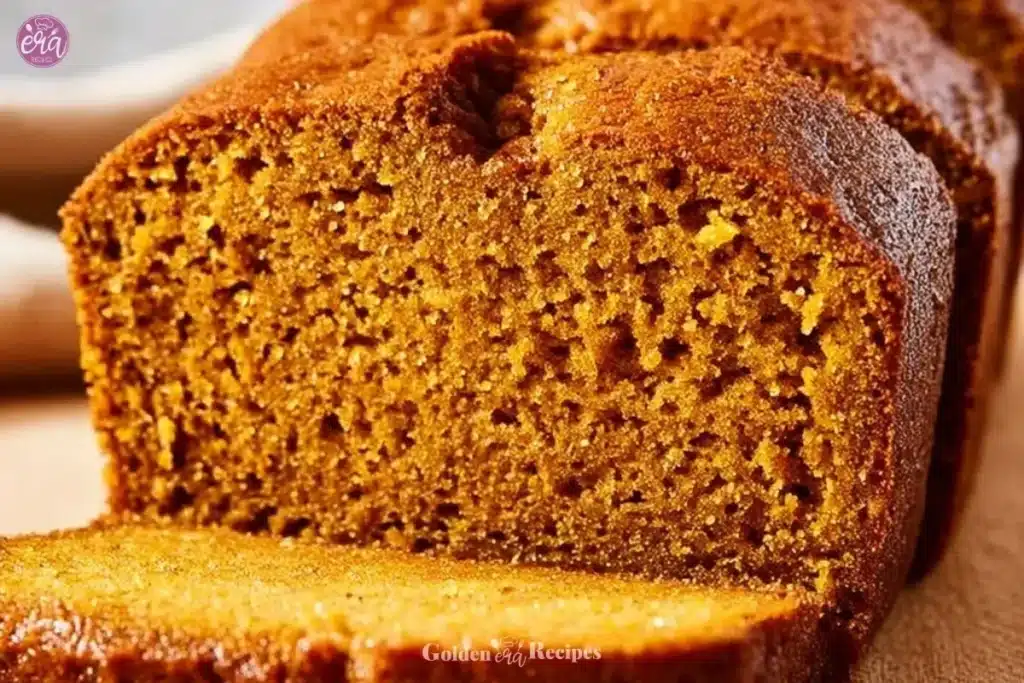 Loaf of homemade pumpkin bread with spices and nuts on a wooden table